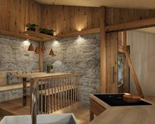 Visualisierung der Küchenzeile im Appartment mir Essbereich im Hintergrund