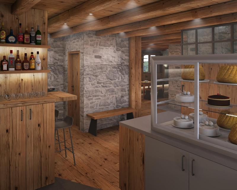 Visualisierung des Eingangsbereichs mit Kuchentheke und kleiner Bar