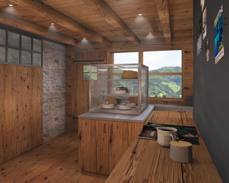 Visulalisierung des Eingangsbereichs der Hütte mit Kuchentexte